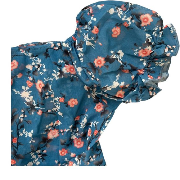 Women Boho Playsuit Romper Medium Blue Orange Floral Off The Shoulder Lined - Picture 12 of 16